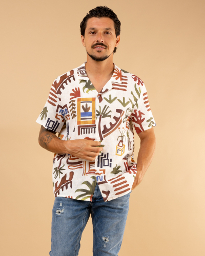Chemise lin imprimée nature