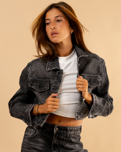 Veste jean noir strass