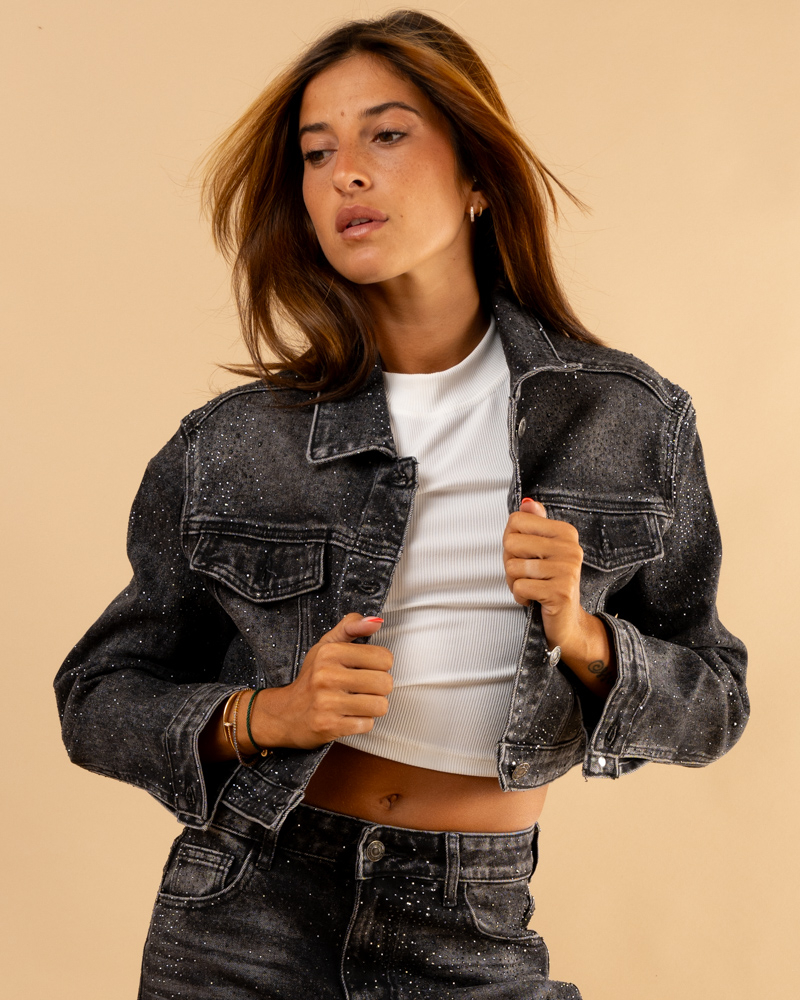 Veste jean noir strass