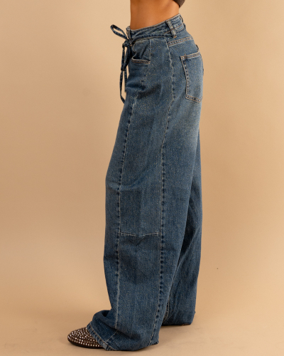 Jean barrel ceinture paillettes or