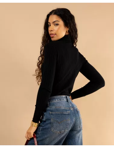 Pull strie col roulé
