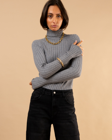 Pull strie col roulé