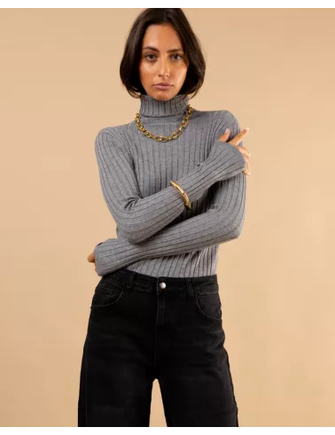 Pull strie col roulé
