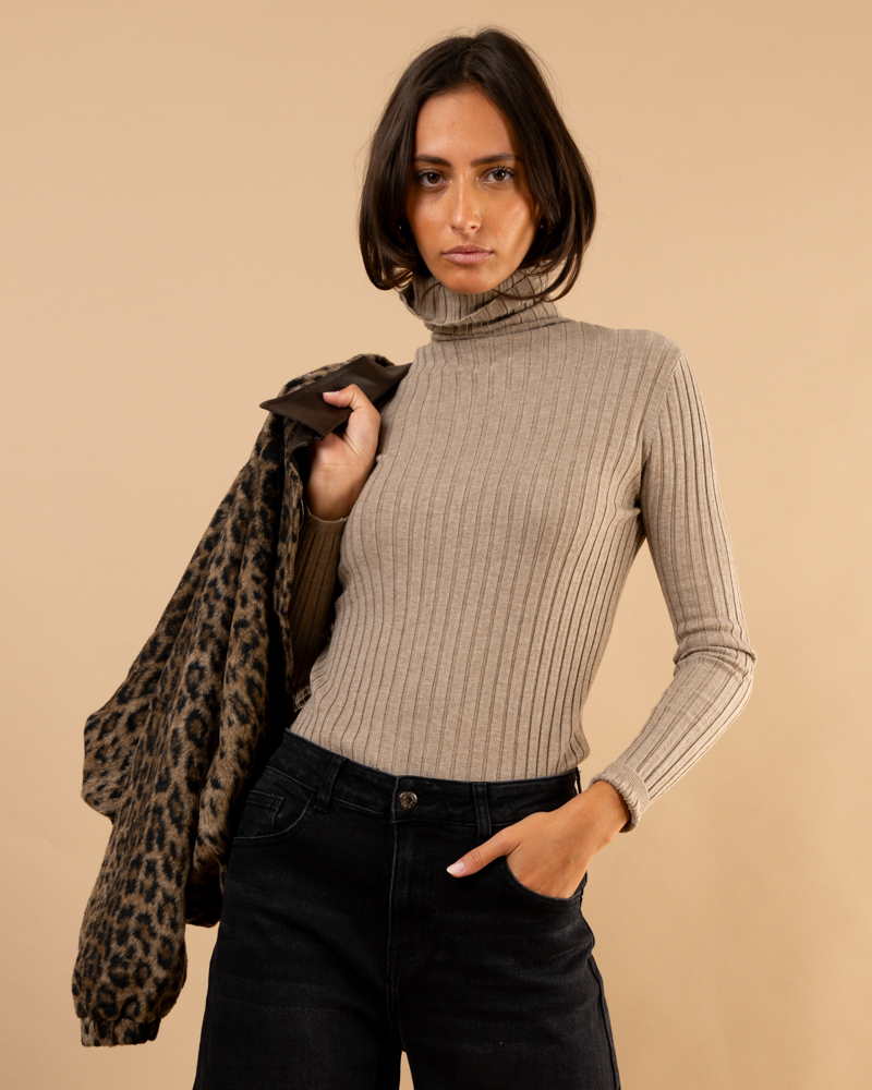 Pull strie col roulé