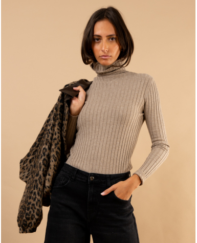 Pull strie col roulé