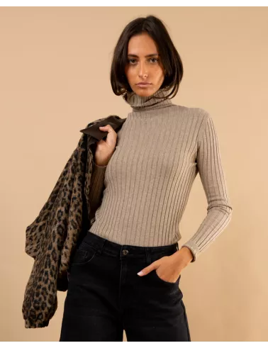 Pull strie col roulé