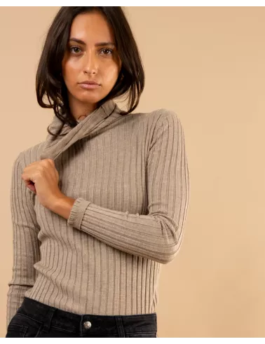 Pull strie col roulé