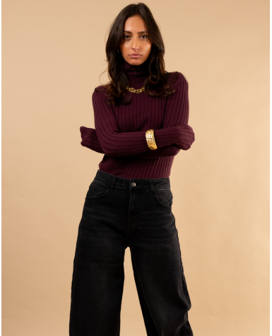 Pull strie col roulé