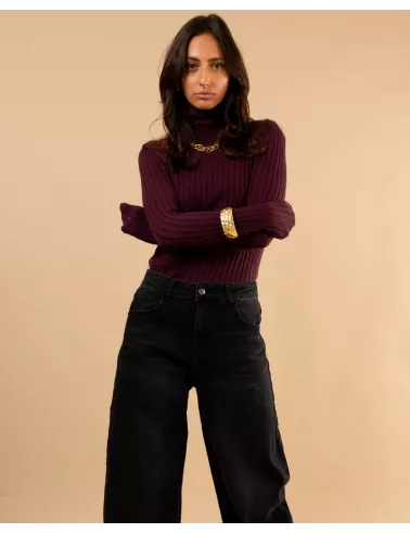 Pull strie col roulé