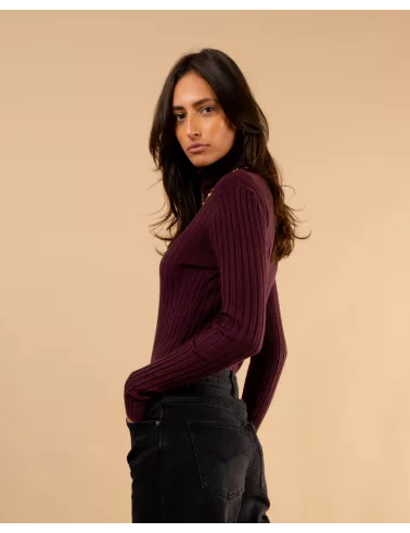 Pull strie col roulé