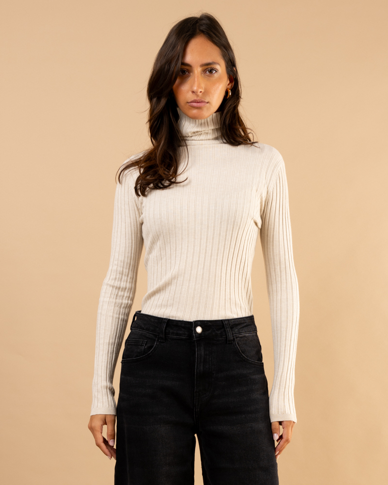 Pull strie col roulé