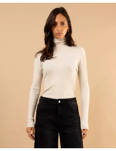 Pull strie col roulé