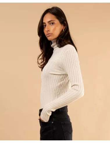 Pull strie col roulé