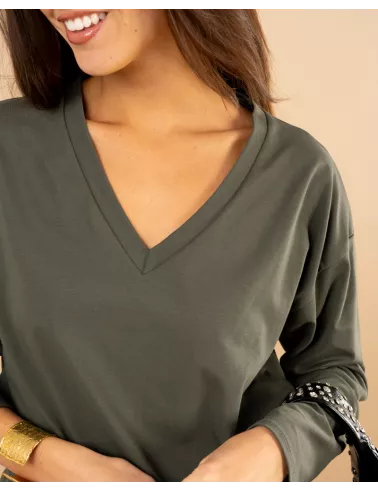 T-shirt col en v manches longues