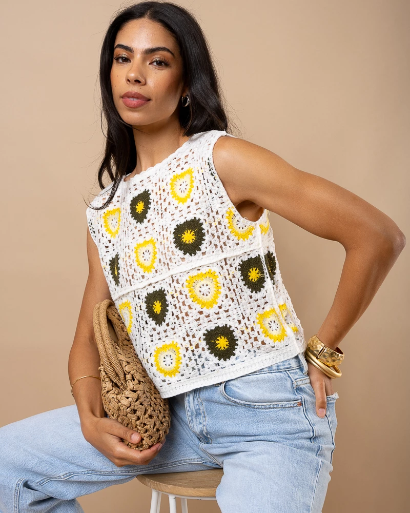 Top crochet fleurs jaune